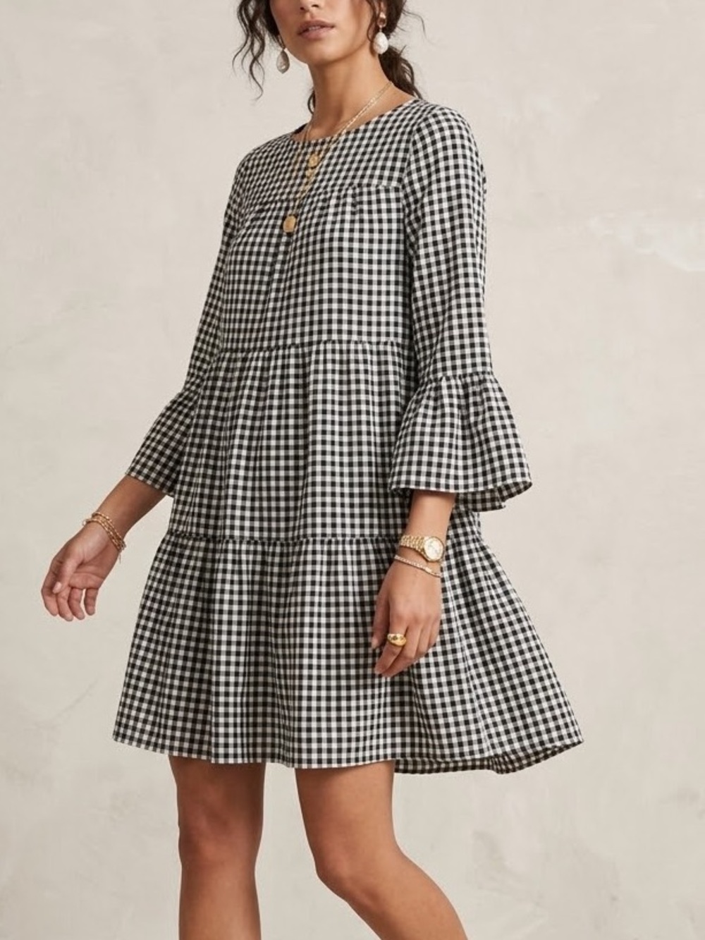 Beachlunchlounge Black White Gingham Tiered‎ Bell Sleeve Mini Dress XS
